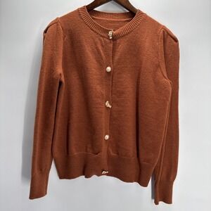 Camel Brown L Gold Bow Buttons Cardigan